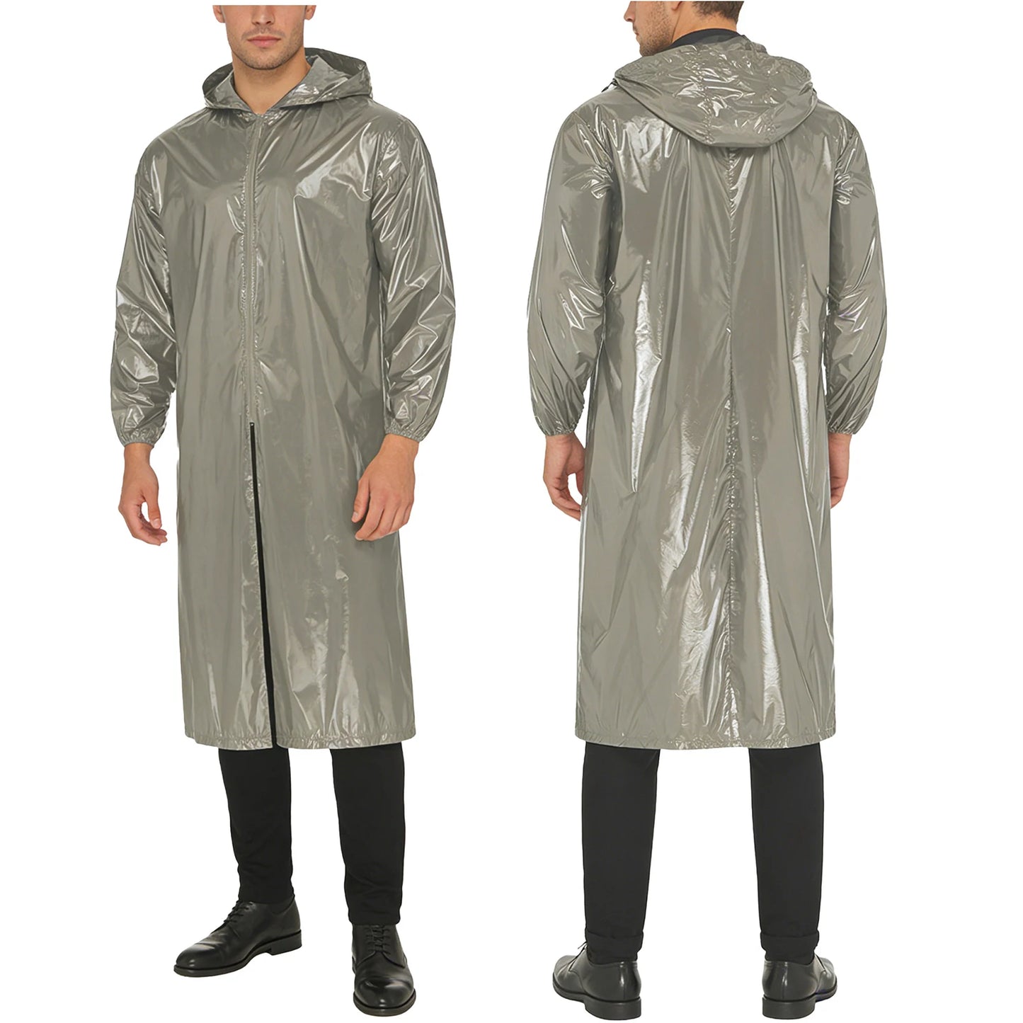 Mens Waterproof Hooded Long Jacket Tops Long Sleeve Front Zipper Lightweight Raincoat Workwear Poncho for Hiking Rainy Day Work