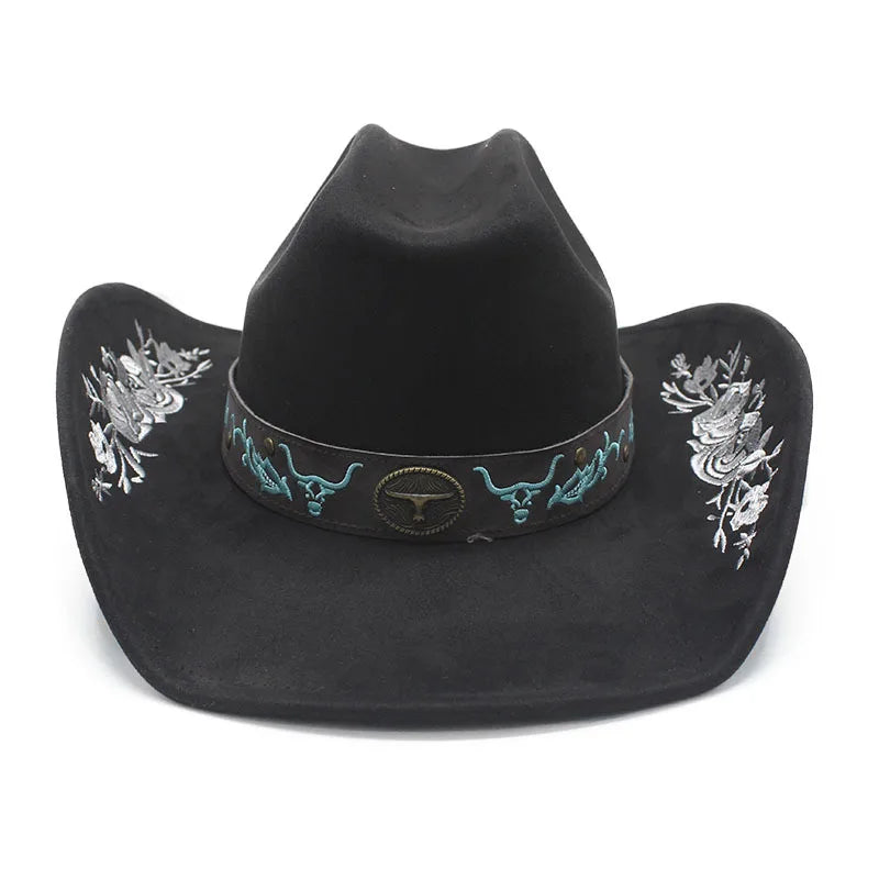 Western Faux Suede Cowboy Hat with Embroidered Flower Jazz Style Belt Fedora Hats Panama Sombrero Caps for Cowgirl And Hombre