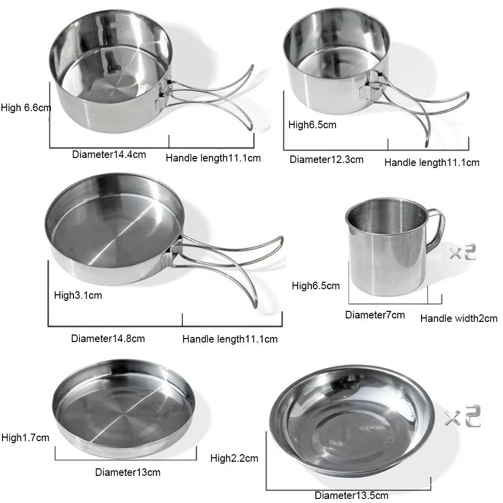 8Pcs/set Ultra-light Stainless Steel Outdoor Picnic Pot Pan Kit Outdoor Camping Hiking  Mini Cookware Bowl Cup Cover Cooking Set