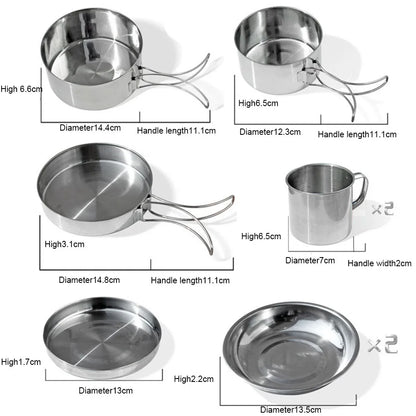 8Pcs/set Ultra-light Stainless Steel Outdoor Picnic Pot Pan Kit Outdoor Camping Hiking  Mini Cookware Bowl Cup Cover Cooking Set