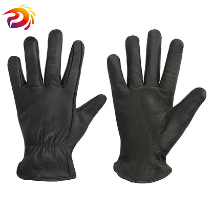 Black Work Gloves Leather Gardening Motorcycle Cowhide Grain Leather Safety Working Glove Men&Women
