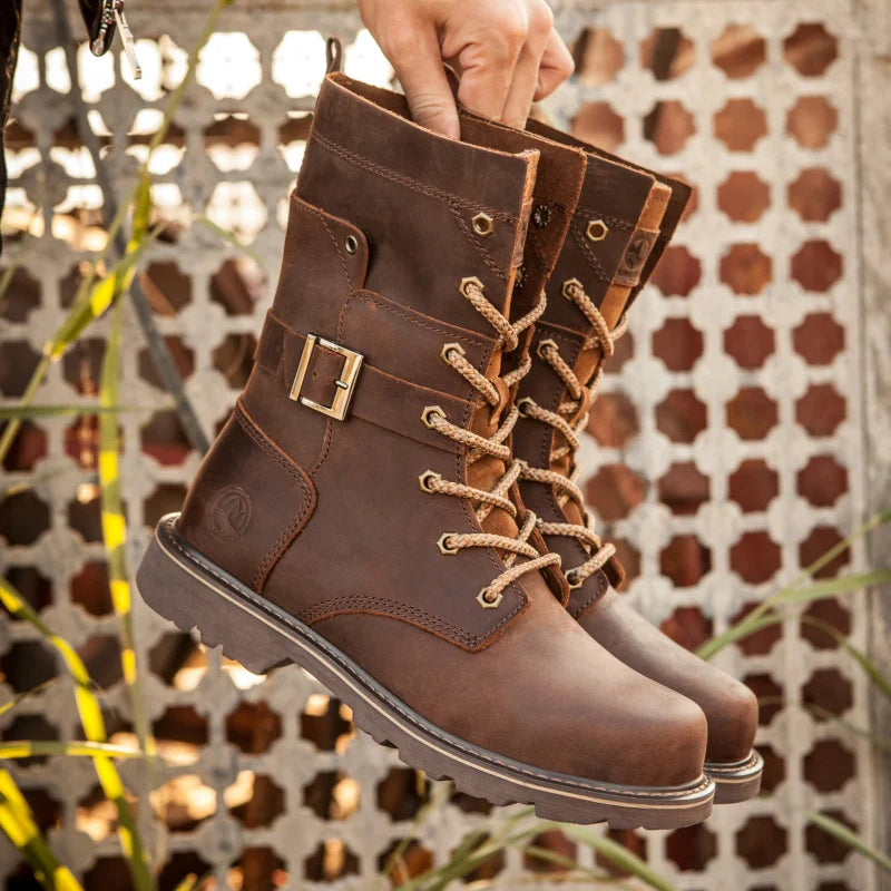 Cow Leather Men Motorcycle Boots high-top trekking Combat Boots Gothic Belt Punk Boots Men Tactical sneaker Cycling hiking Shoes