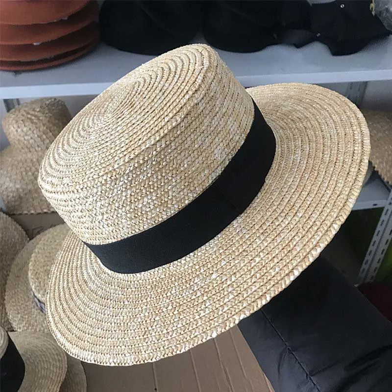 7cm Wide Brim Boater Cap Ribbon Round Flat Top Wheat Straw Hats Sun Beach hat Summer Women kentucky derby Hat Sombreros Mujer