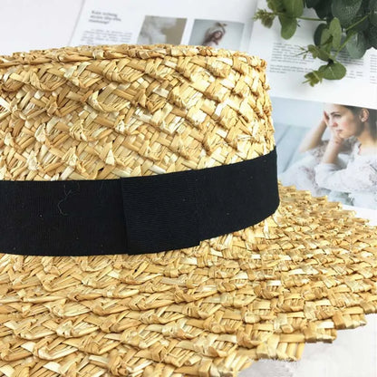7cm Wide Brim Boater Cap Ribbon Round Flat Top Wheat Straw Hats Sun Beach hat Summer Women kentucky derby Hat Sombreros Mujer