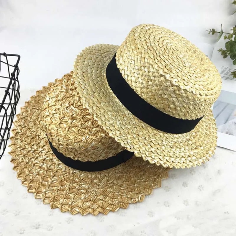7cm Wide Brim Boater Cap Ribbon Round Flat Top Wheat Straw Hats Sun Beach hat Summer Women kentucky derby Hat Sombreros Mujer