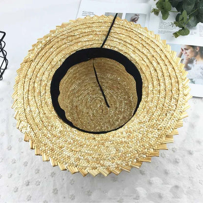 7cm Wide Brim Boater Cap Ribbon Round Flat Top Wheat Straw Hats Sun Beach hat Summer Women kentucky derby Hat Sombreros Mujer