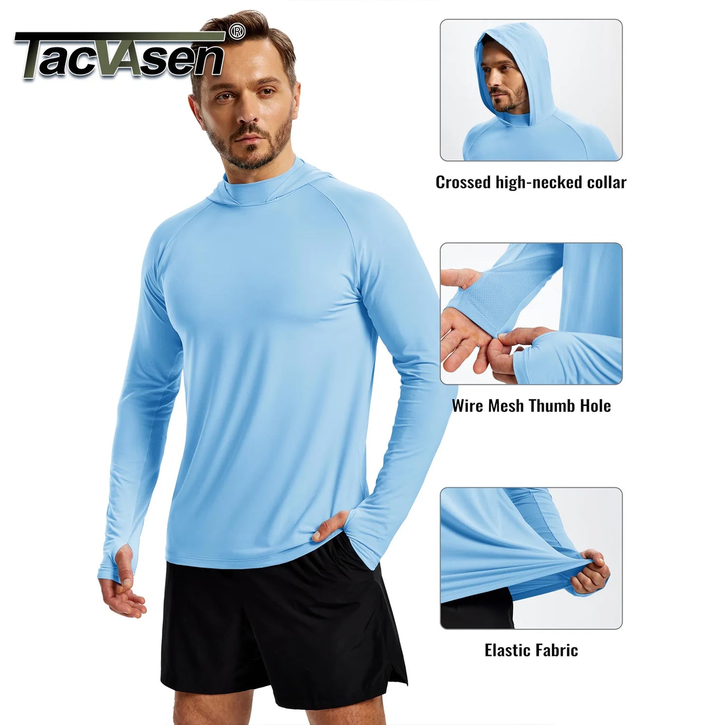 TACVASEN Men's UPF 50+ Hoodie Fishing Shirts Long Sleeve High Collar Mesh UV Sun Protection Rash Guard Swim Beach Running Hiking