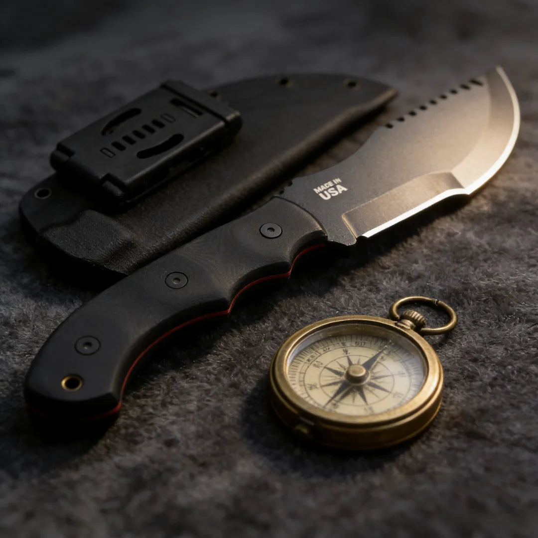 TOPS Tracker - Jungle Rescue Knife for the Outdoors, 1095 high-carbon steel, Micta handle, camping emergency knife