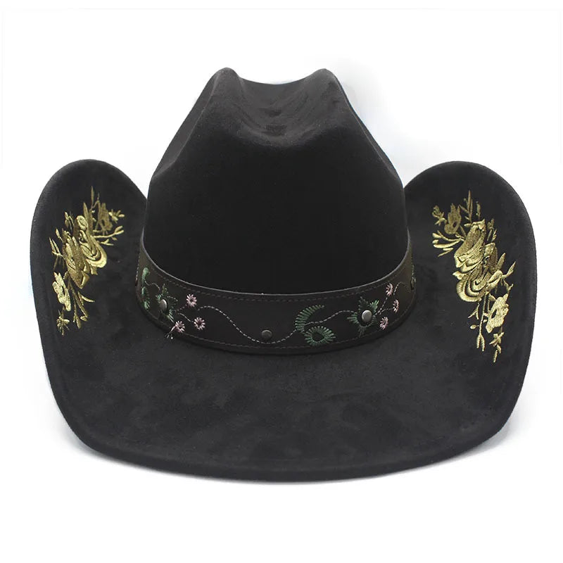 Western Faux Suede Cowboy Hat with Embroidered Flower Jazz Style Belt Fedora Hats Panama Sombrero Caps for Cowgirl And Hombre