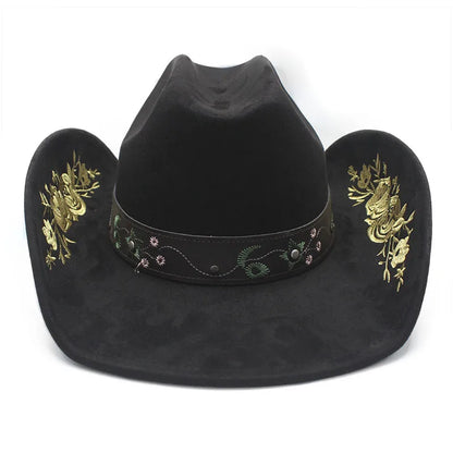 Western Faux Suede Cowboy Hat with Embroidered Flower Jazz Style Belt Fedora Hats Panama Sombrero Caps for Cowgirl And Hombre