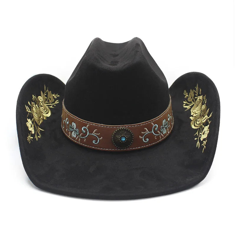 Western Faux Suede Cowboy Hat with Embroidered Flower Jazz Style Belt Fedora Hats Panama Sombrero Caps for Cowgirl And Hombre