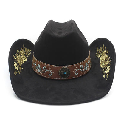 Western Faux Suede Cowboy Hat with Embroidered Flower Jazz Style Belt Fedora Hats Panama Sombrero Caps for Cowgirl And Hombre