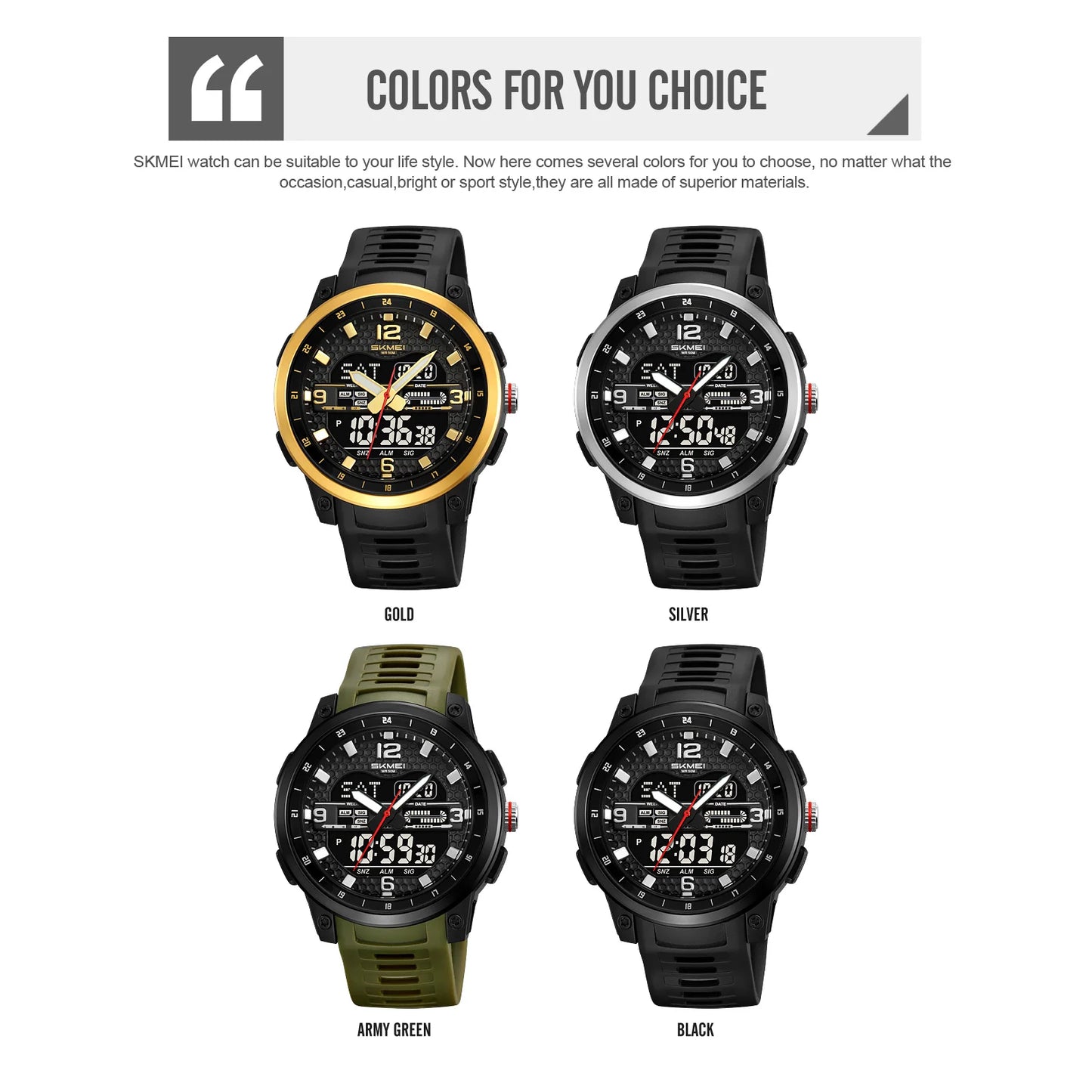 SKMEI Large dial Sport Watches Quartz Digital Display Outdoors Waterproof with Calendar Analog Three Time Zone Alarm Clock 2401