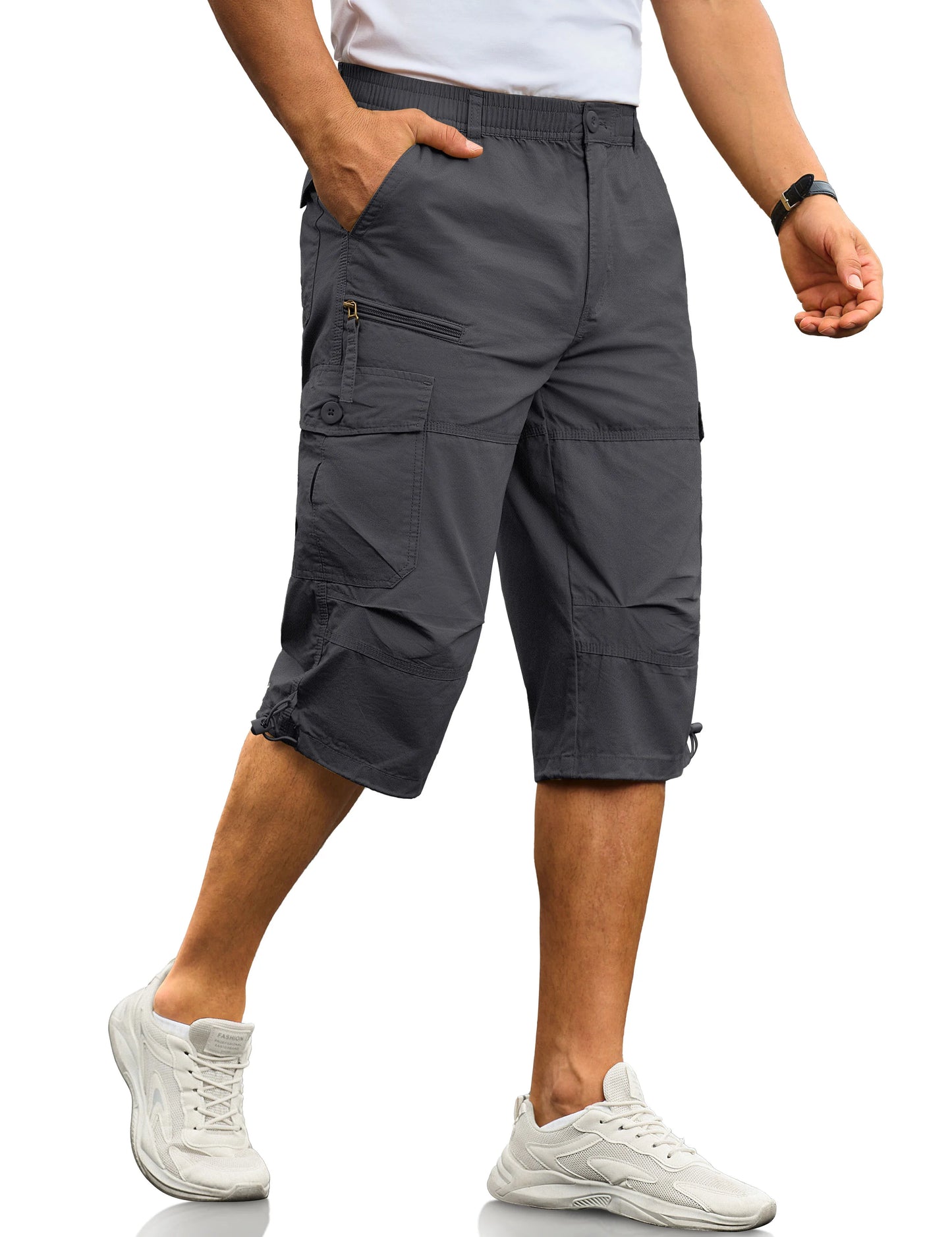 MAGCOMSEN Men's Cotton Twill Cargo Capri Shorts Elastic Waist Multi-Pocket Knee Plus Size Outdoor Hiking Fishing Work Shorts