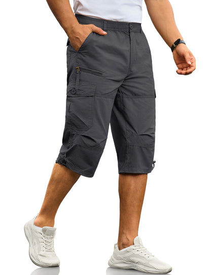 MAGCOMSEN Men's Cotton Twill Cargo Capri Shorts Elastic Waist Multi-Pocket Knee Plus Size Outdoor Hiking Fishing Work Shorts