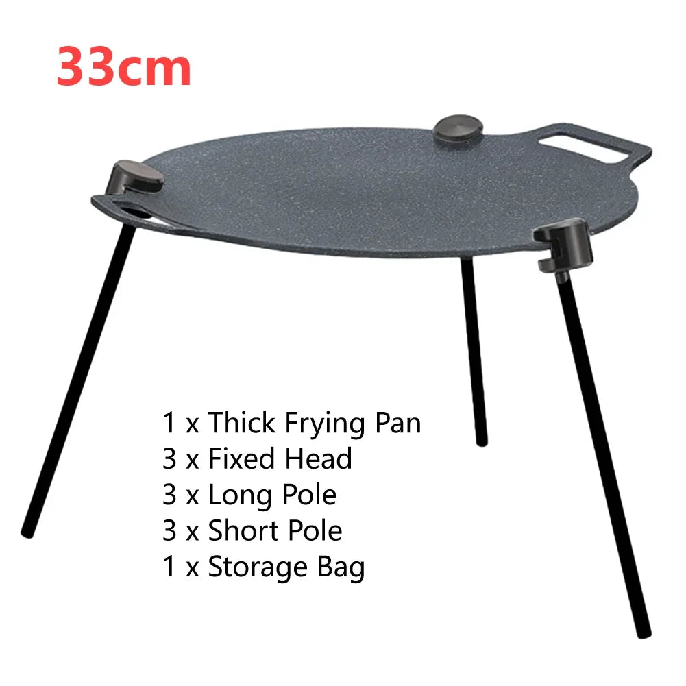 33cm Open Flame Cooking Pot Non-Stick Round Grilling Pan Multi-Purpose Camping Skillet Tray with Adjustable Bracket