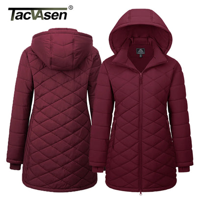 TACVASEN Winter Long Quilted Puffer Jackets Women's Lightweight Warm Insulated Coat Waterproof Outwear Parkas with Hood Hiking