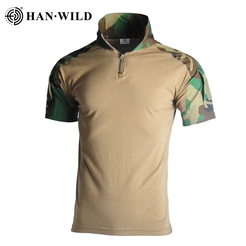 Men's Short Sleeve Softair Tactical Shirt for Men Combat Shirt Zipper Cotton Hiking CP Camoufalge Airsoft T Shirts Climbing Tee