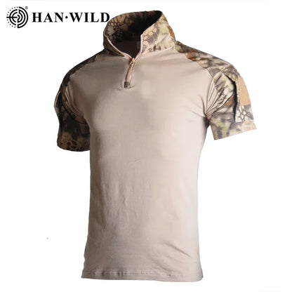 Men's Short Sleeve Softair Tactical Shirt for Men Combat Shirt Zipper Cotton Hiking CP Camoufalge Airsoft T Shirts Climbing Tee