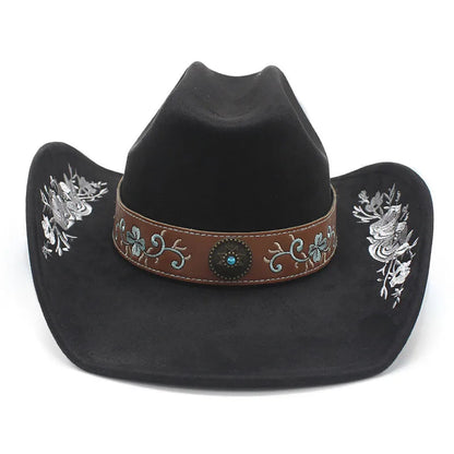 Western Faux Suede Cowboy Hat with Embroidered Flower Jazz Style Belt Fedora Hats Panama Sombrero Caps for Cowgirl And Hombre