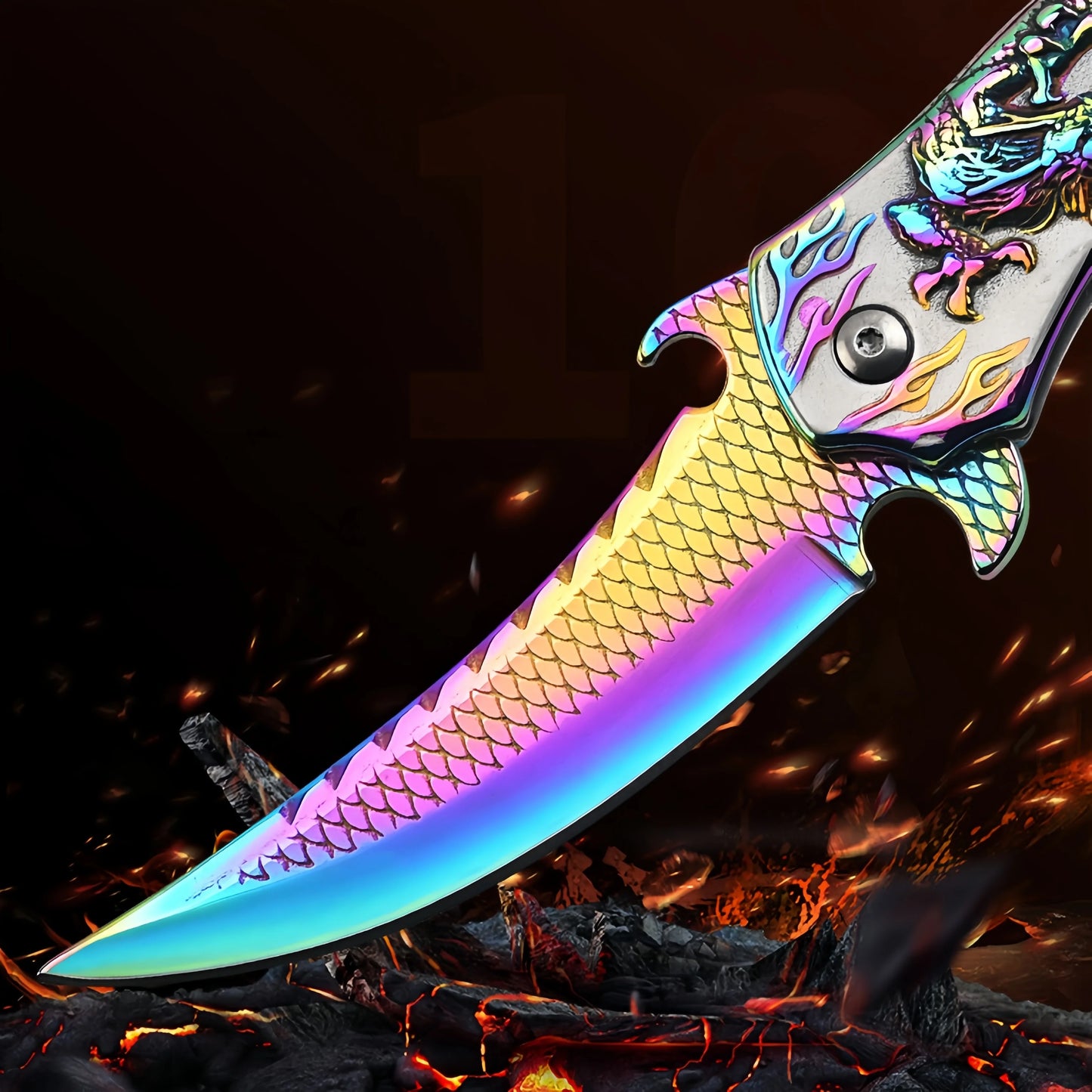 Knives for Men,Pocket Knife for Men,Folding Knife with 3D Colorful Dragon Relief,Cool Survival Knife,Knife for Camping Hiking