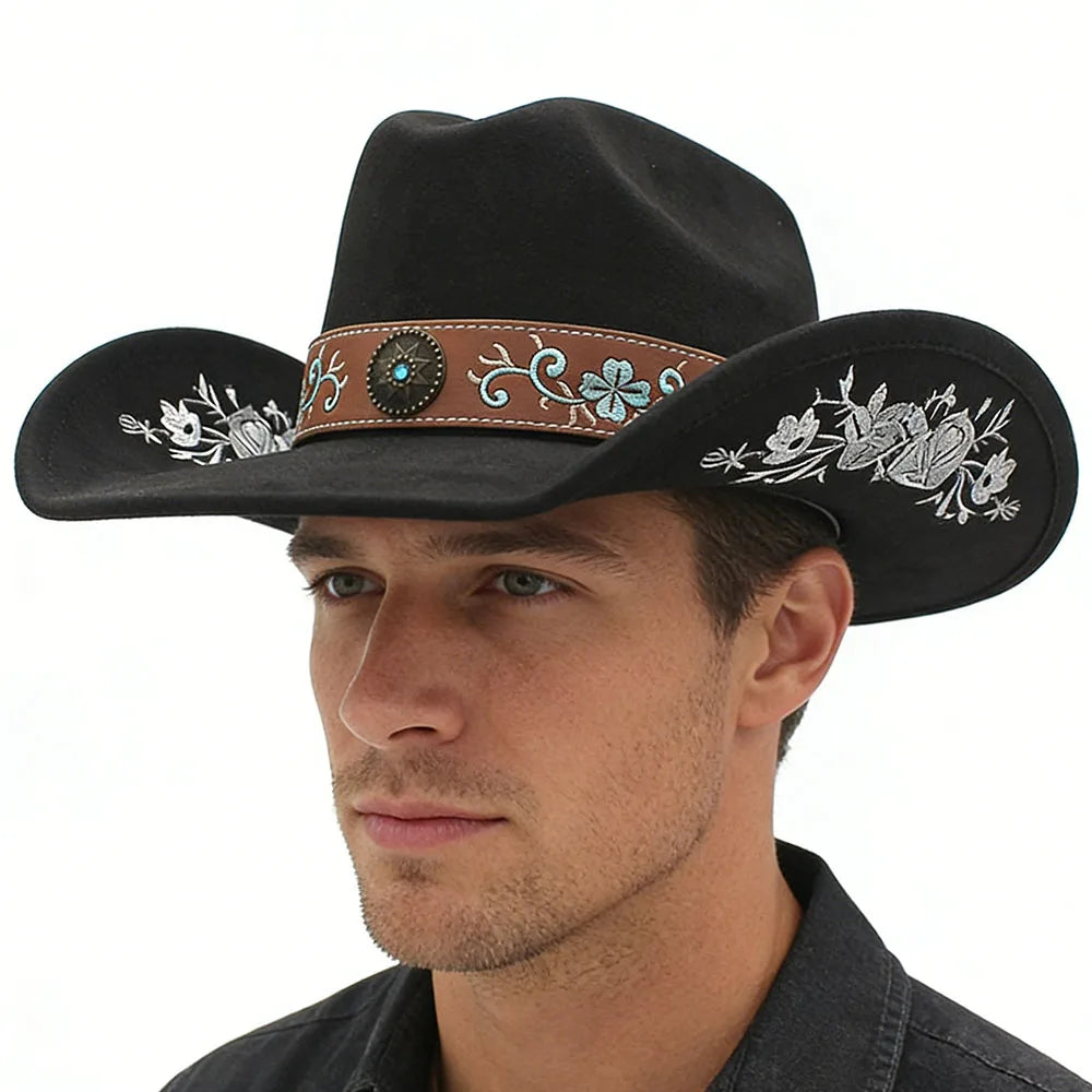 Western Faux Suede Cowboy Hat with Embroidered Flower Jazz Style Belt Fedora Hats Panama Sombrero Caps for Cowgirl And Hombre