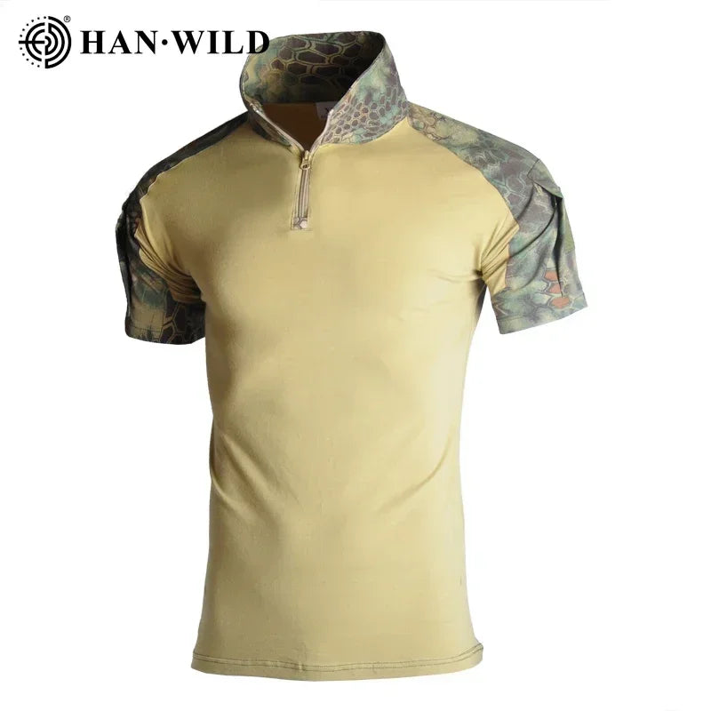 Men's Short Sleeve Softair Tactical Shirt for Men Combat Shirt Zipper Cotton Hiking CP Camoufalge Airsoft T Shirts Climbing Tee