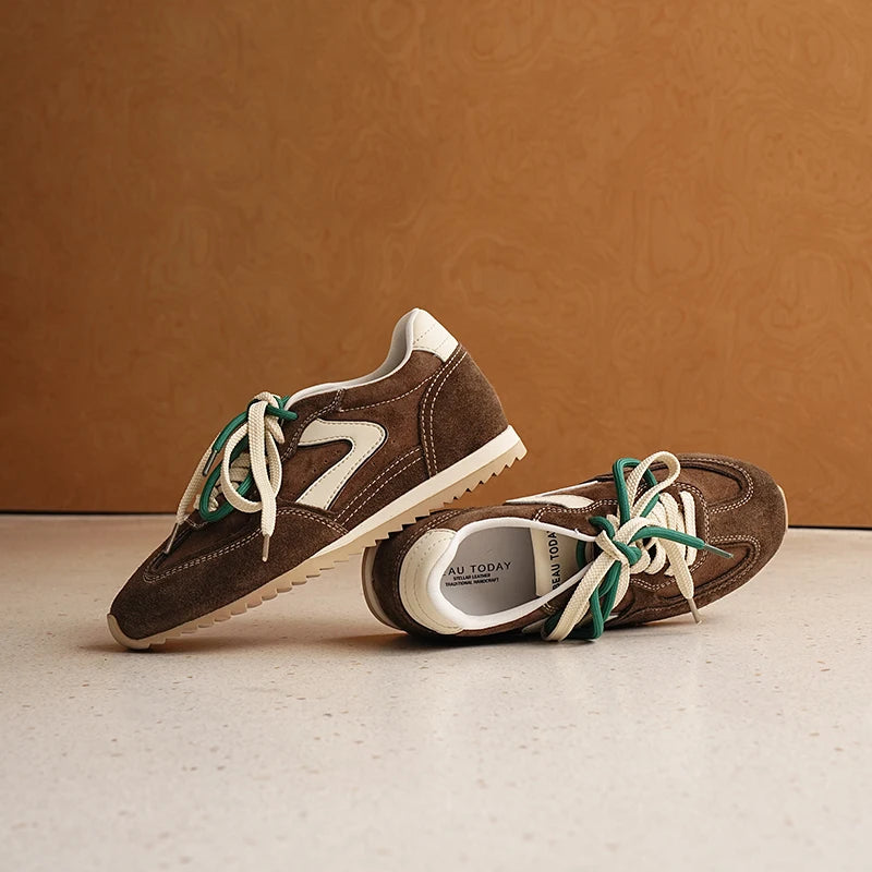 BEAUTODAY Casual Sneakers Women Cow Suede Leather Round Toe Retro Trainers Lace up Outdoors Ladies Shoes Handmade 29959