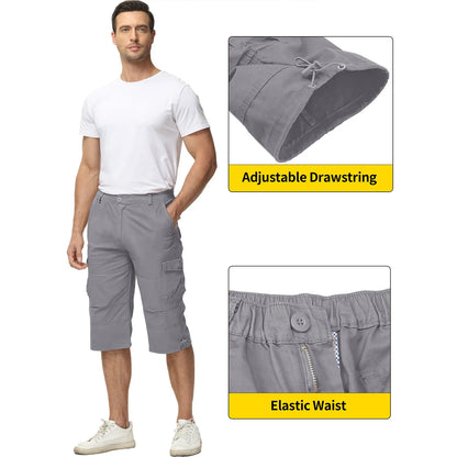 MAGCOMSEN Men's Cotton Twill Cargo Capri Shorts Elastic Waist Multi-Pocket Knee Plus Size Outdoor Hiking Fishing Work Shorts