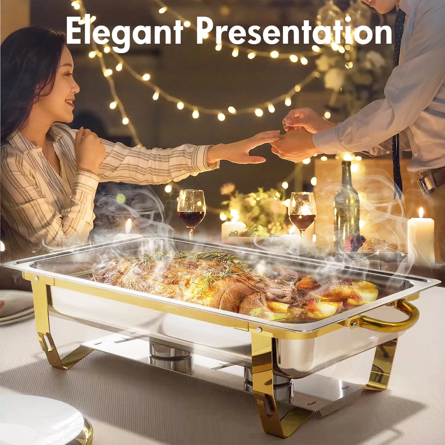 2/4Pack Chafing Dish Set Stainless Steel 316 Gold Rectangular Buffet Warmer for Hotel Catering Parties Weddings Outdoors
