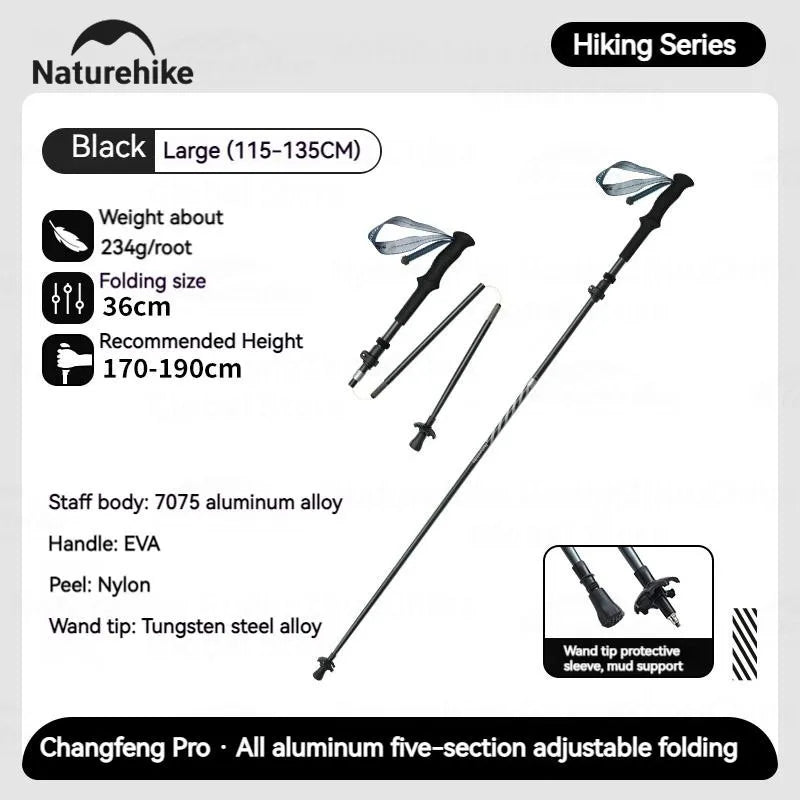 Naturehike 5-Section Trekking Pole Teleskopic Ultralight Walking Stick Hiking Climbing Stick Carbon Fiber Aluminum Alloy Folding