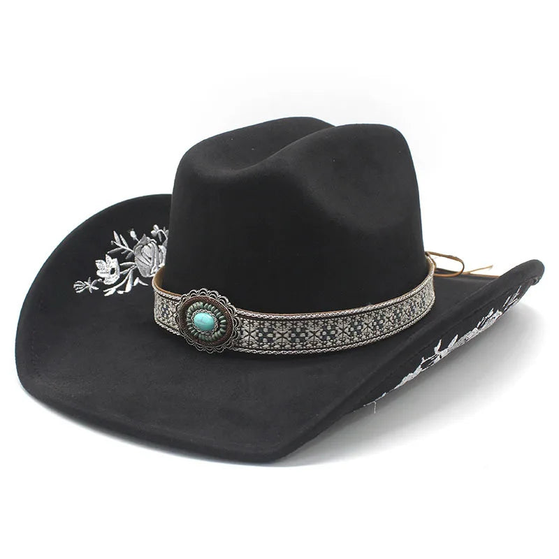 Western Faux Suede Cowboy Hat with Embroidered Flower Jazz Style Belt Fedora Hats Panama Sombrero Caps for Cowgirl And Hombre