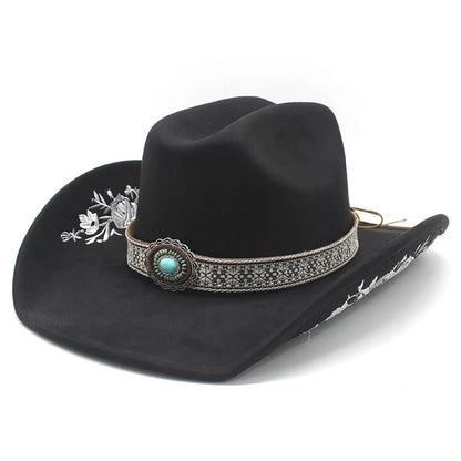 Western Faux Suede Cowboy Hat with Embroidered Flower Jazz Style Belt Fedora Hats Panama Sombrero Caps for Cowgirl And Hombre