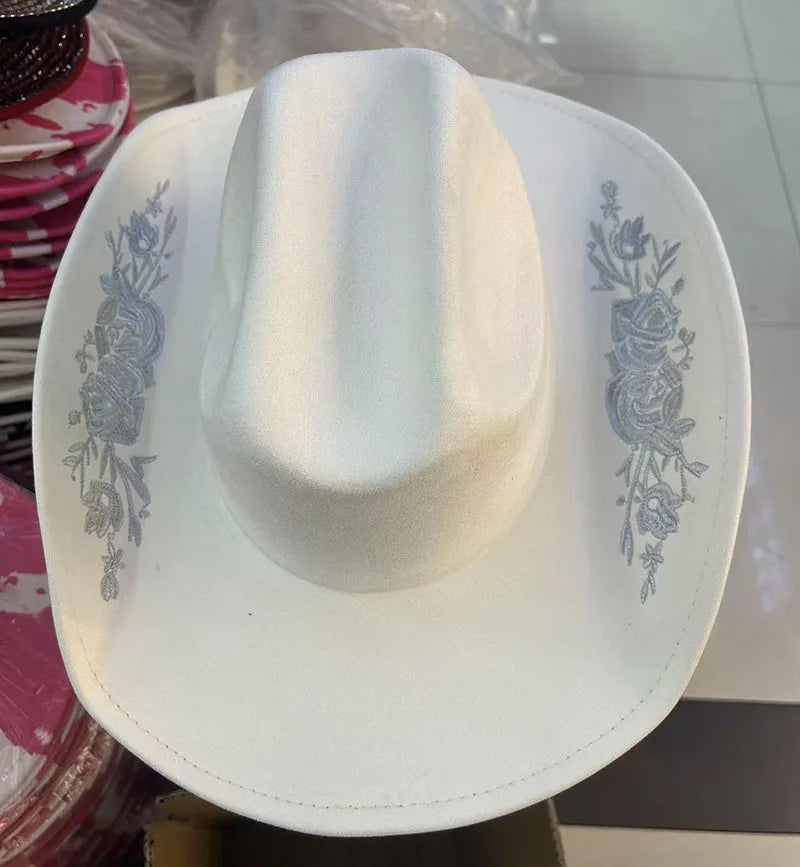 Western Faux Suede Cowboy Hat with Embroidered Flower Jazz Style Belt Fedora Hats Panama Sombrero Caps for Cowgirl And Hombre