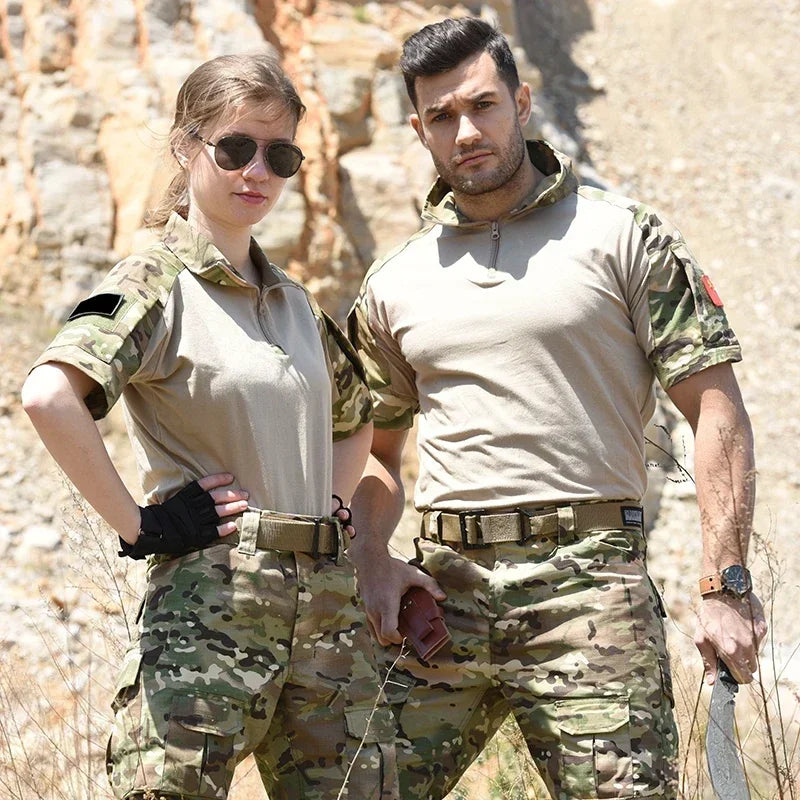 Men's Short Sleeve Softair Tactical Shirt for Men Combat Shirt Zipper Cotton Hiking CP Camoufalge Airsoft T Shirts Climbing Tee