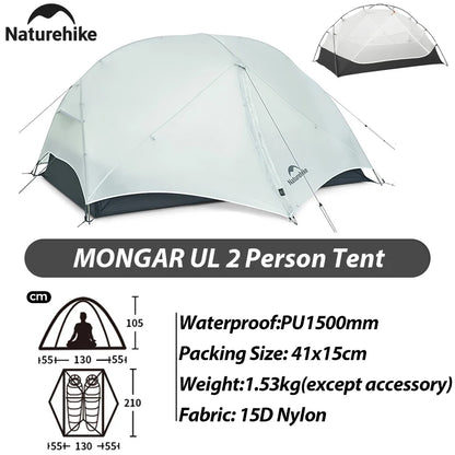 Naturehike Mongar Pro 123 Ultralight Three Season Outdoor Waterproof 20D Nylon Hiking Tent 2 Person Rucksack Camping Riding Tent