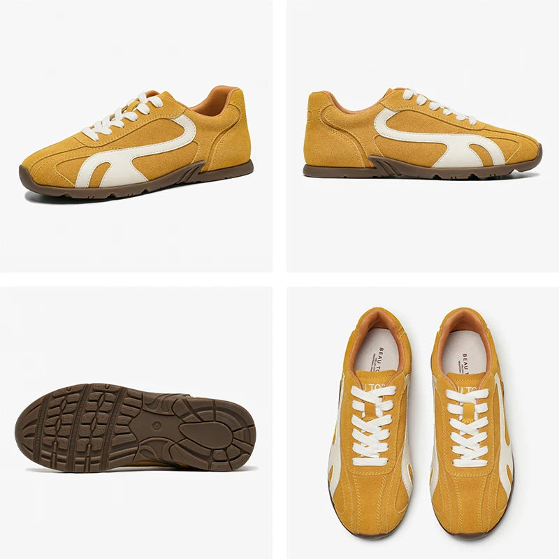 BEAUTODAY Sneakers Women Cow Suede Leather Lace-up Mixed Color Round Toe Trainers Outdoors Ladies Sports Shoes Handmade 29957
