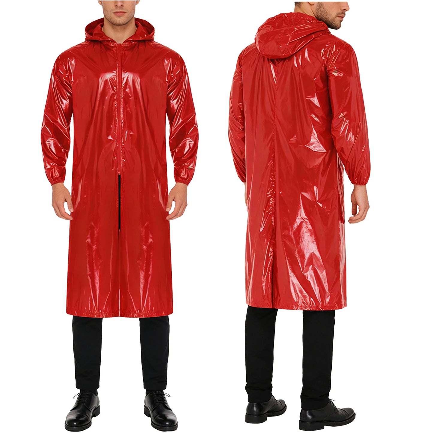 Mens Waterproof Hooded Long Jacket Tops Long Sleeve Front Zipper Lightweight Raincoat Workwear Poncho for Hiking Rainy Day Work
