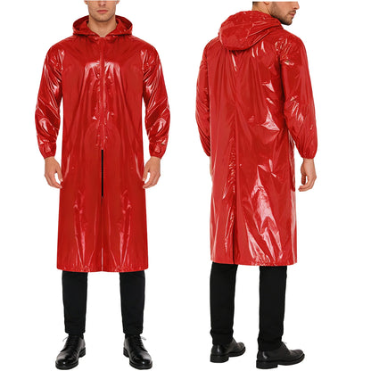 Mens Waterproof Hooded Long Jacket Tops Long Sleeve Front Zipper Lightweight Raincoat Workwear Poncho for Hiking Rainy Day Work
