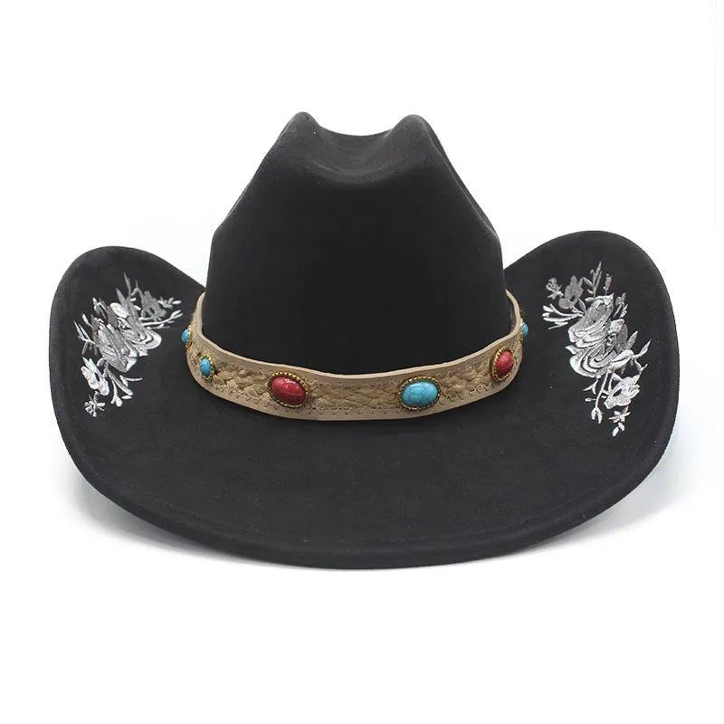 Western Faux Suede Cowboy Hat with Embroidered Flower Jazz Style Belt Fedora Hats Panama Sombrero Caps for Cowgirl And Hombre