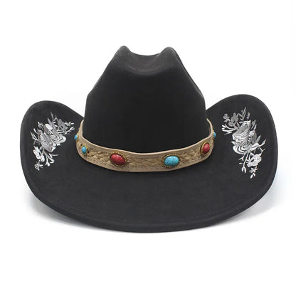 Western Faux Suede Cowboy Hat with Embroidered Flower Jazz Style Belt Fedora Hats Panama Sombrero Caps for Cowgirl And Hombre