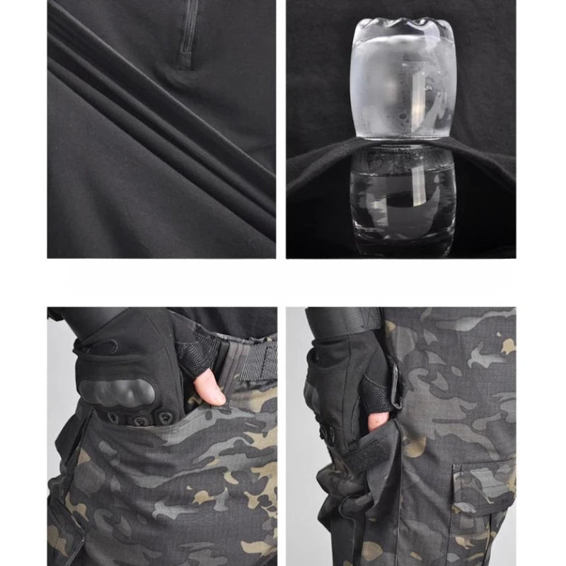 Summer Outdoors Tactical Set Men Thin Quick Drying Combat Training Uniform Camo Patchwork Tops+Multi Pocket Cargo Pants Suit