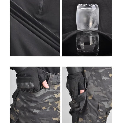 Summer Outdoors Tactical Set Men Thin Quick Drying Combat Training Uniform Camo Patchwork Tops+Multi Pocket Cargo Pants Suit