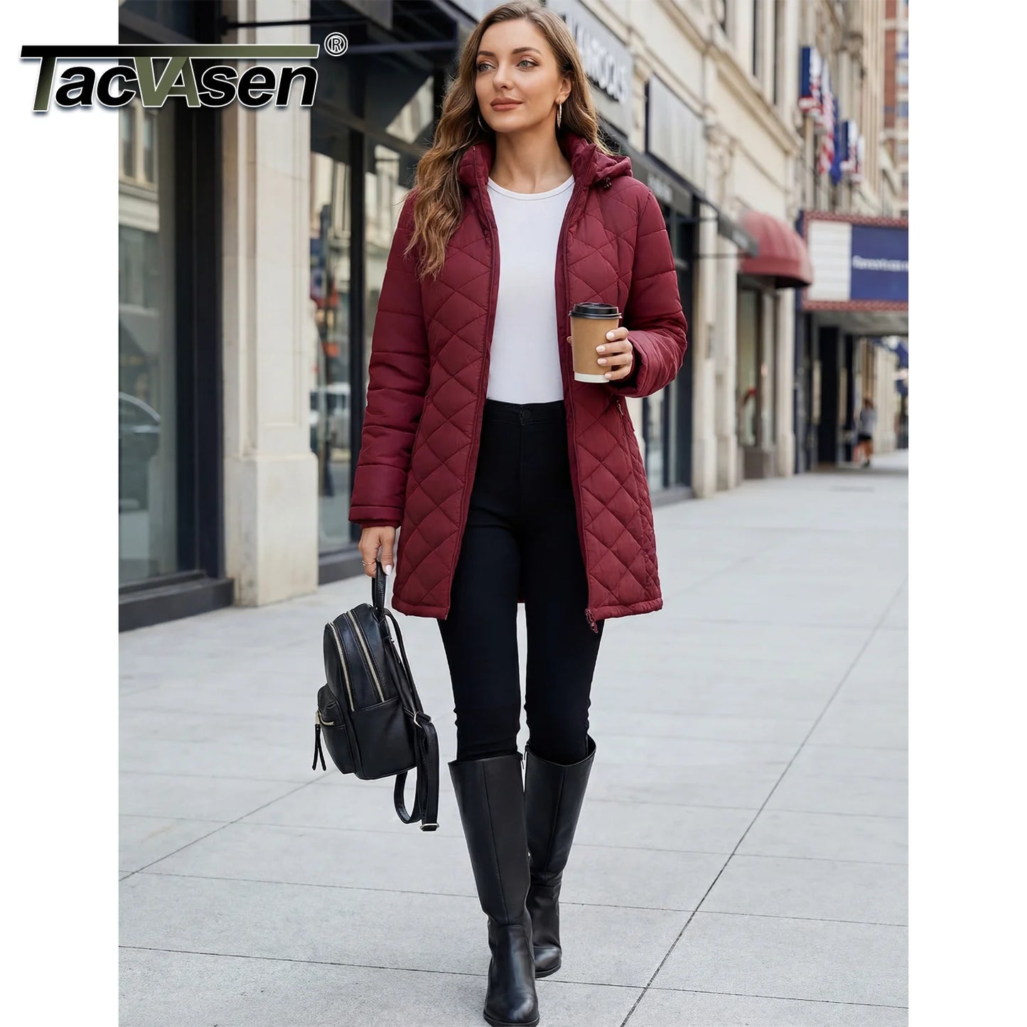 TACVASEN Winter Long Quilted Puffer Jackets Women's Lightweight Warm Insulated Coat Waterproof Outwear Parkas with Hood Hiking