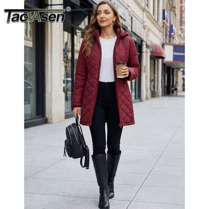TACVASEN Winter Long Quilted Puffer Jackets Women's Lightweight Warm Insulated Coat Waterproof Outwear Parkas with Hood Hiking