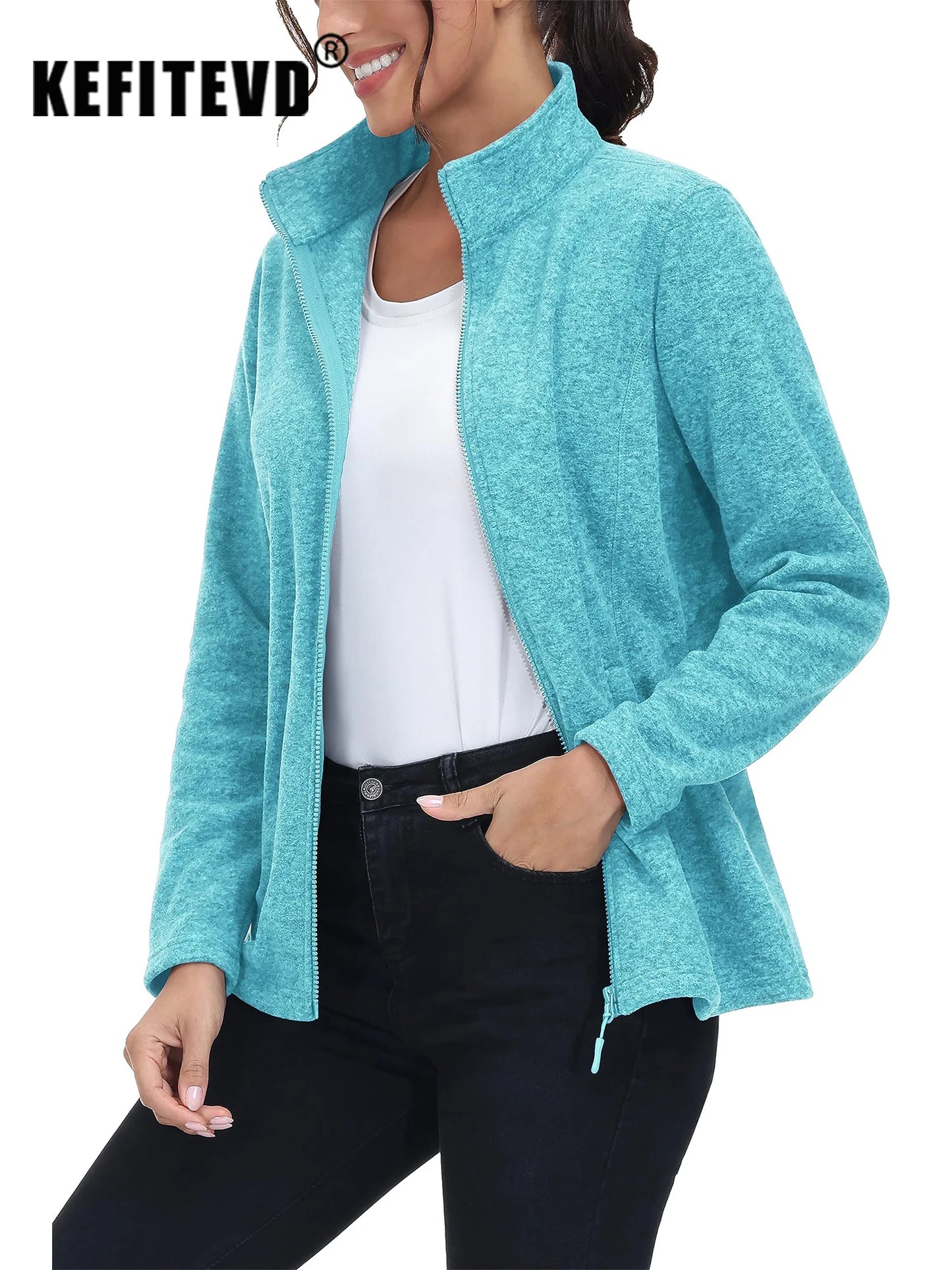 KEFITEVD Women Winter Full Zip Fleece Jacket Thermal Lightweight Coat Ladies Warm Camping Hiking Climbing Casual Top Windbreaker
