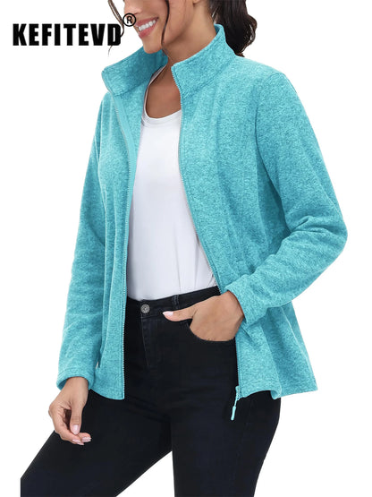 KEFITEVD Women Winter Full Zip Fleece Jacket Thermal Lightweight Coat Ladies Warm Camping Hiking Climbing Casual Top Windbreaker