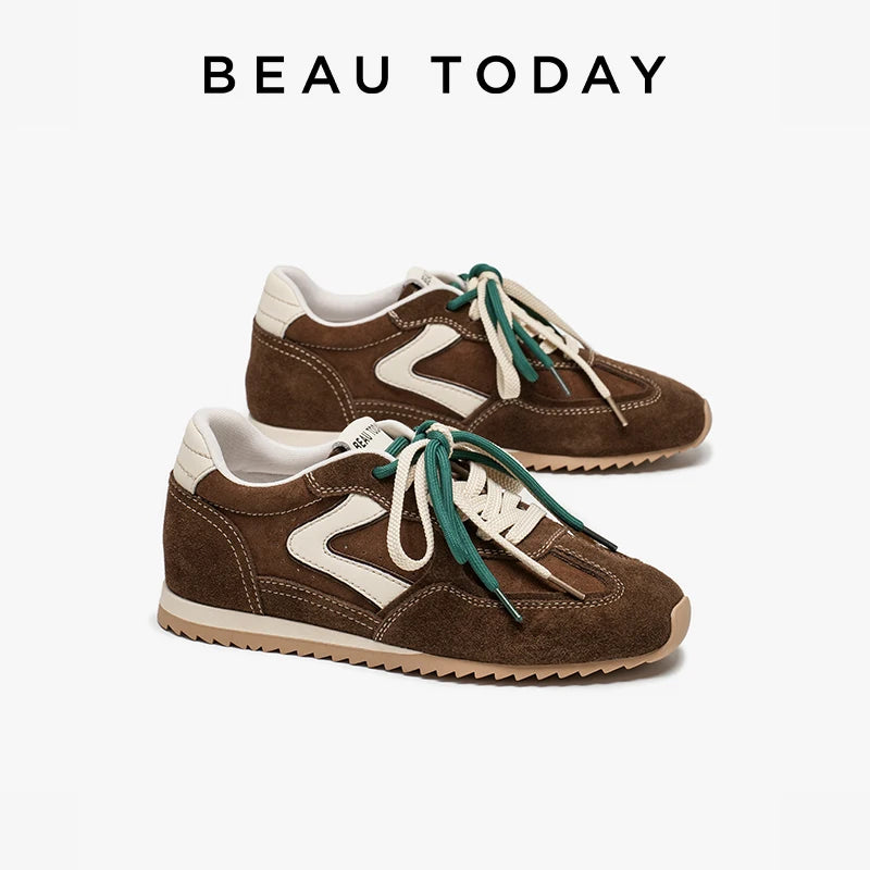 BEAUTODAY Casual Sneakers Women Cow Suede Leather Round Toe Retro Trainers Lace up Outdoors Ladies Shoes Handmade 29959