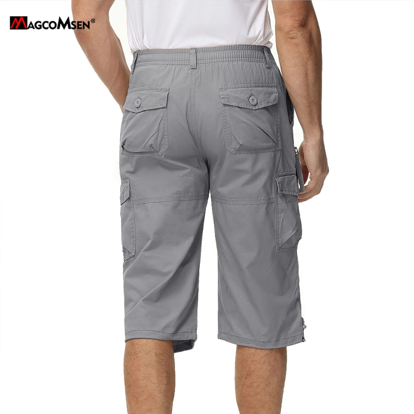 MAGCOMSEN Men's Cotton Twill Cargo Capri Shorts Elastic Waist Multi-Pocket Knee Plus Size Outdoor Hiking Fishing Work Shorts