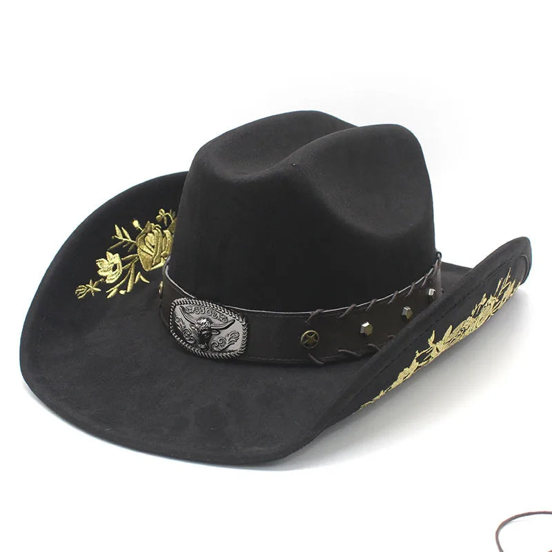 Western Faux Suede Cowboy Hat with Embroidered Flower Jazz Style Belt Fedora Hats Panama Sombrero Caps for Cowgirl And Hombre